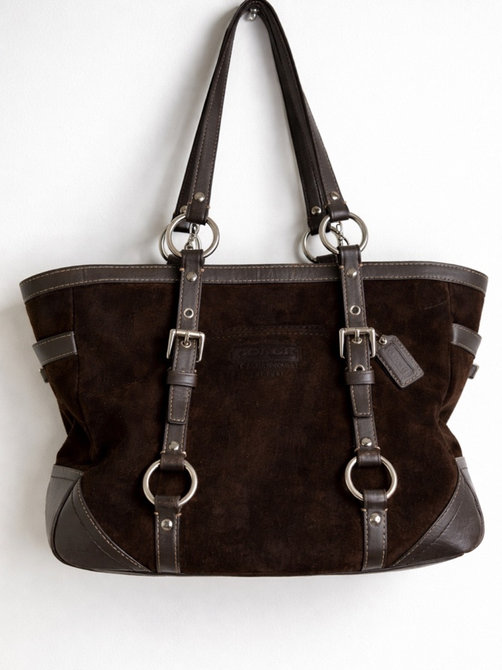 Coach Dark Brown Suede Tote with Leather Trim and Silver Hardware